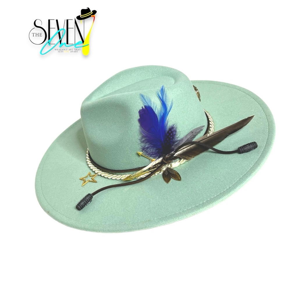 Unisex Customized wide brim teal Fedora hat.